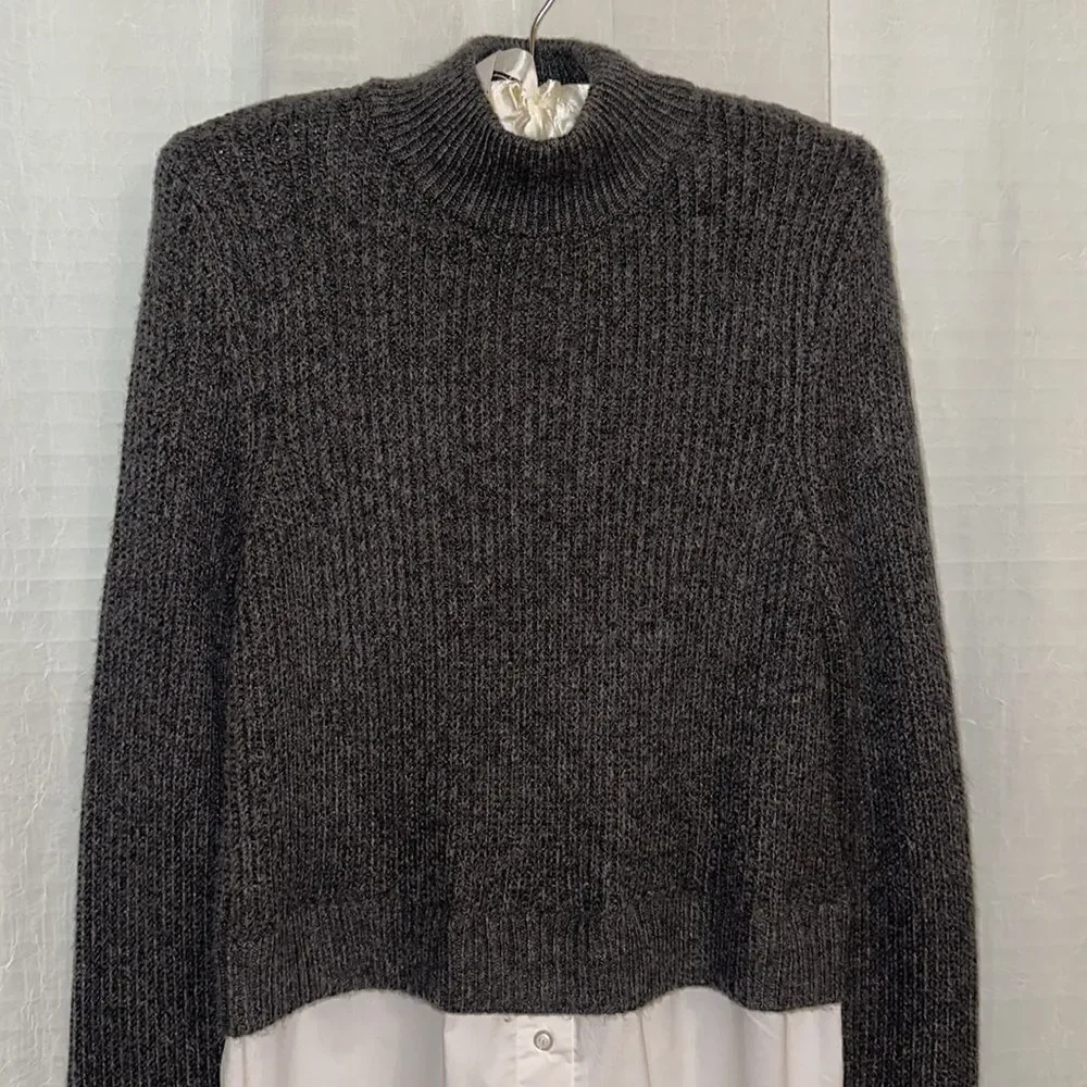 Halston M Charcoal Gray White Cotton Shirt Combo Knit Mock Neck Sweater